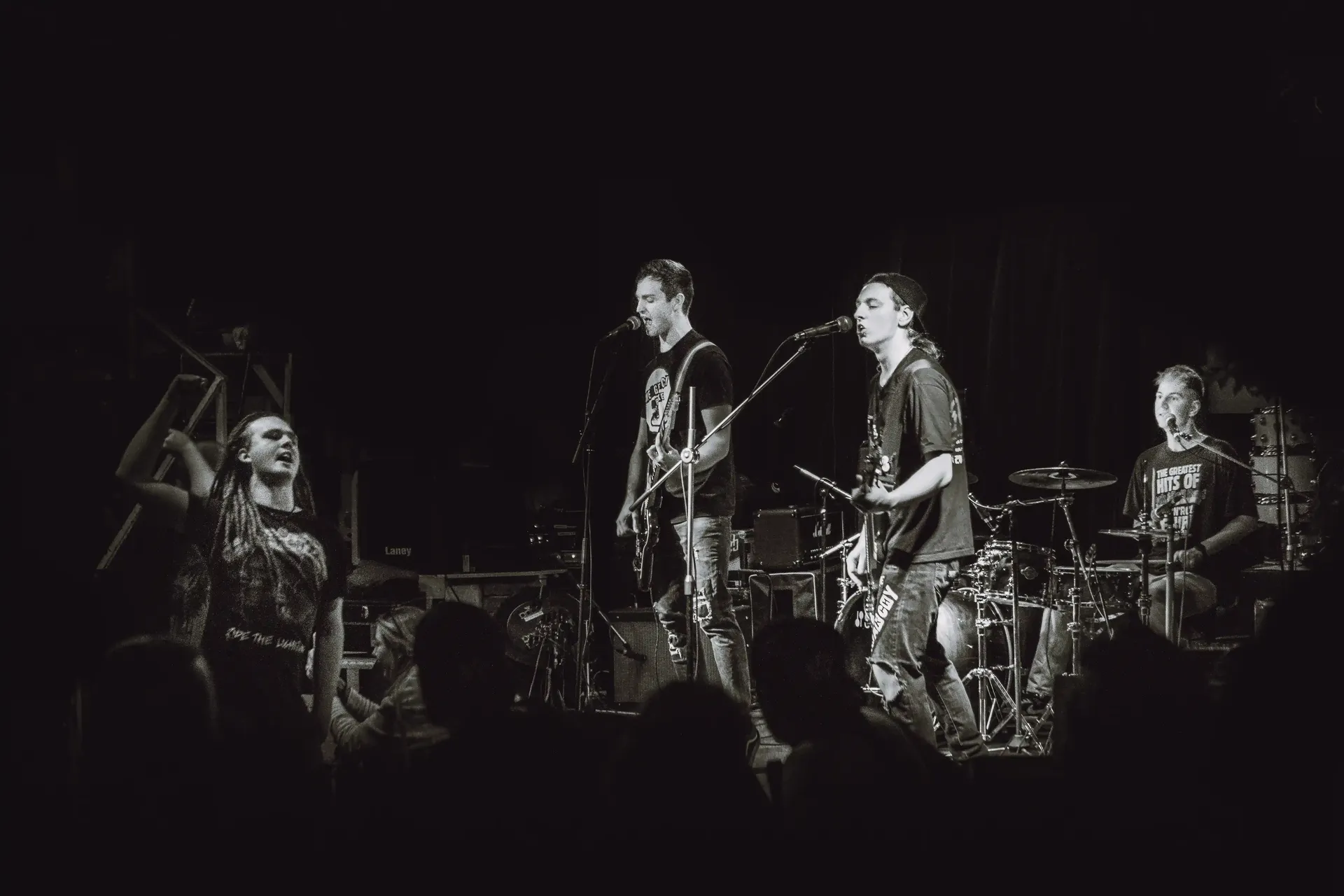 Black-and-white photograph of Emergency Brake performing live, with a fan raising an arm beside the stage.